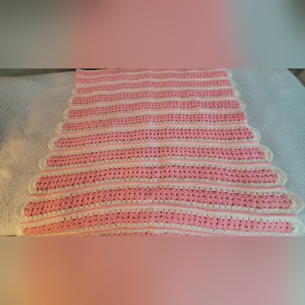 Afghan Handmade Pink and Cream Crochet Blanket New